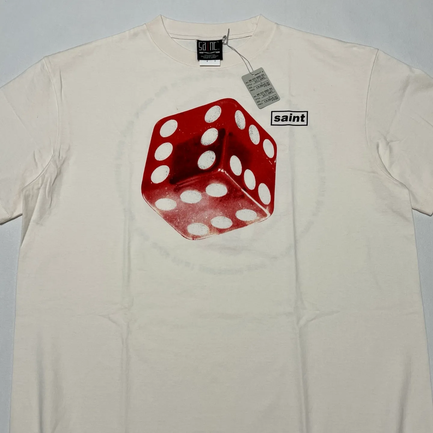 SAINT Mxxxxxx CIRCLE TEE/WHT SAINT dice printed washed short sleeves off-white S-XL cylindrical side seam fabric high weight cylindrical woven tee original development highly restored printing VINTAGE black label/wash label code correct/tag code correct Invincible details Top purchasing level